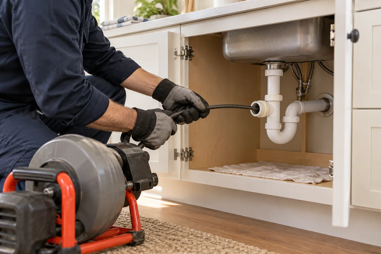 Illustrative drain auger work beside a kitchen sink